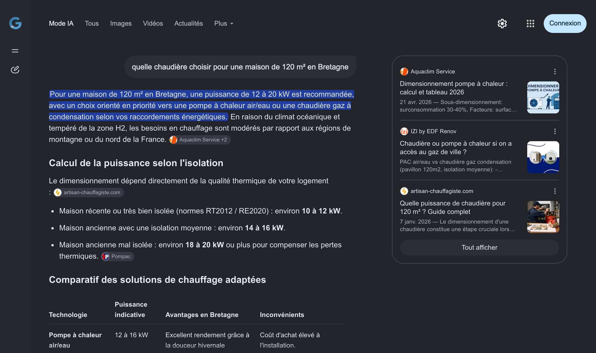 Réponse du Mode IA de Google à la question « quelle chaudière choisir pour une maison de 120 m² en Bretagne » : puissance conseillée, calcul selon l'isolation, comparatif des technologies, avec trois sources affichées à droite